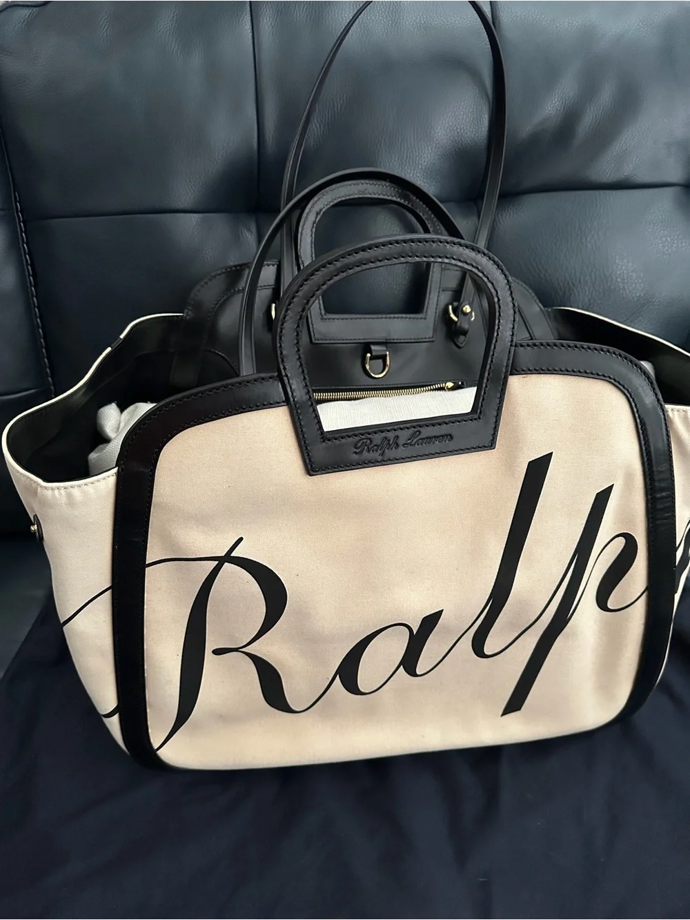 Cream and Black Signature Tote with Script Detail